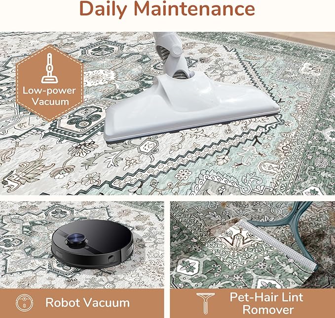 OPPODREAM Thin Area Rugs 9x12 Living Room, Washable Rugs 9x12 with Non Slip Backing, Faux Cashmere Low-Pile 9 x 12 Carpet, Green