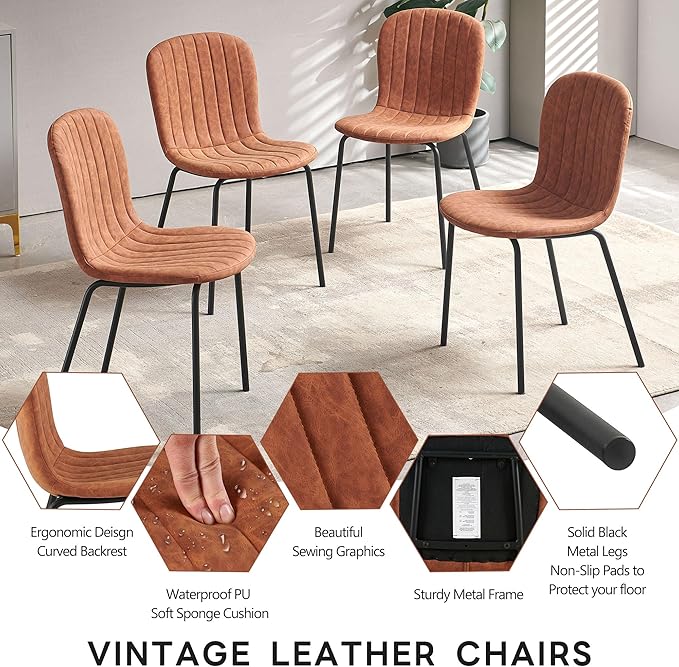Set of 4 Upholstered Dining Chairs, Vintage Home Kitchen Chairs Faux Leather PU, Modern Mid-Centuray Accent Chairs with Metal Legs for Vanity