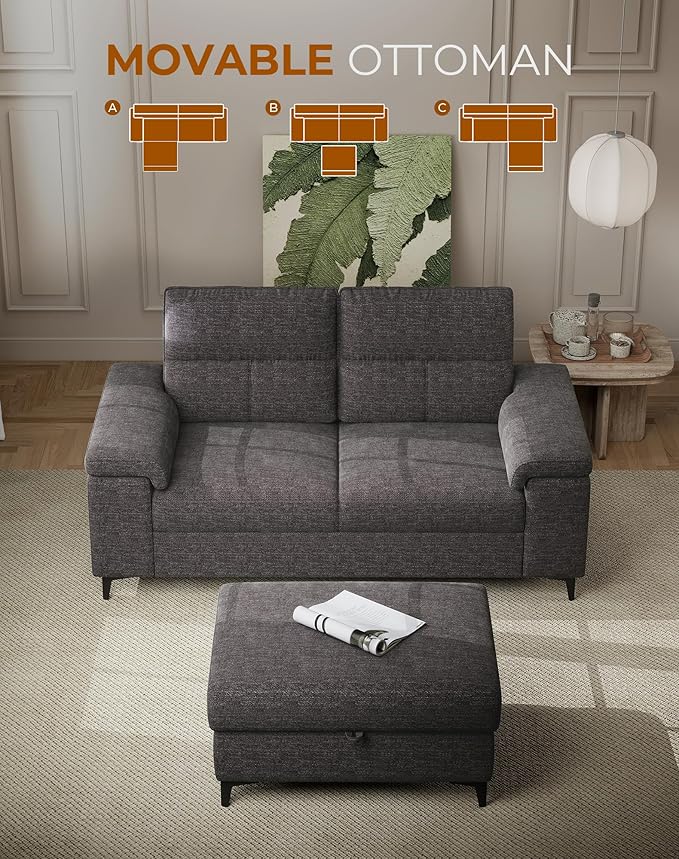 71.25" L Shaped Sectional Couches for Living Room, Deep Seat Sofa with Storage Ottoman & 8”Cushion, Comfy 2-Seater Chenille Loveseat, Convertible Armrest, Removable Cover for Small Space(Dark Gray)