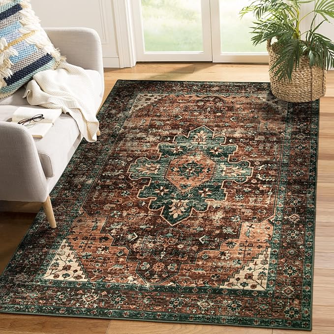 Moynesa Ultra-Thin Washable Vintage Area Rug - 4x6 Living Room Rug for Bedroom Office, Non-Shed Non Slip Oriental Laundry Bathroom Mat Indoor Accent Floor Carpet for Entrance Kitchen Mudroom