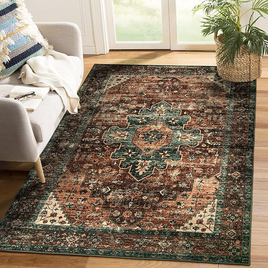 Moynesa Ultra-Thin Washable Vintage Area Rug - 4x6 Living Room Rug for Bedroom Office, Non-Shed Non Slip Oriental Laundry Bathroom Mat Indoor Accent Floor Carpet for Entrance Kitchen Mudroom