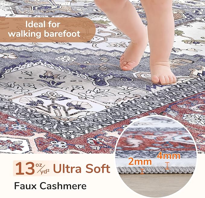 OPPODREAM Thin Entryway Rug 2x8, 2x8 Rug Runner, Washable Hallways Carpet 2 x 8 with Non Slip Backing, Low-Pile Bedside Carpet 2 x 8, Long, Faux Cashmere, Red & Grey