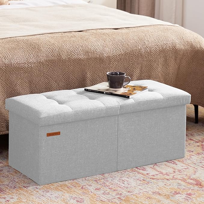 HAUSFRAU 31.5 Inches Ottoman with Storage Bench, Folding Ottoman Bench Small Foot Rest Stool, Bedroom Bench with Flipping Lid, Linen Silver