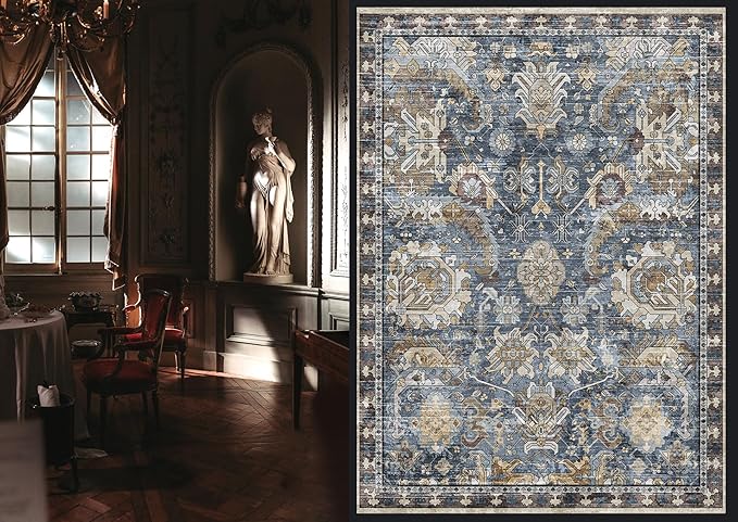 RUGSURE Washable Area Rugs - Perfect for Living Room, Bedroom, Kids Room, Nursery - Stain & Water Resistant Non-Slip, Pet & Child Friendly, Vintage Tribal Area Rugs (Navy, 5' x 7')