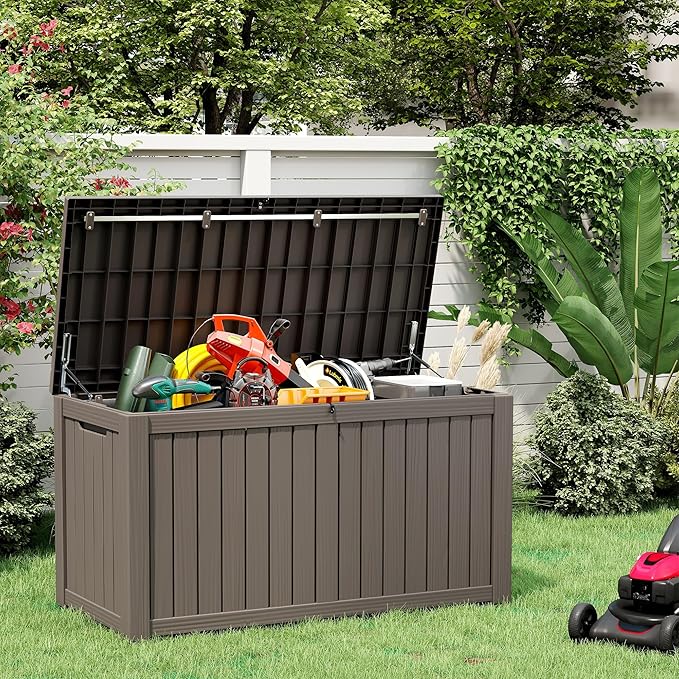 150 Gallon Resin Deck Box, Large Indoor and Outdoor Storage Box, Weatherproof and UV Resistant Outdoor Storage Box with Built-in Steel Beams for Patio, Cushions, Pool Supplies