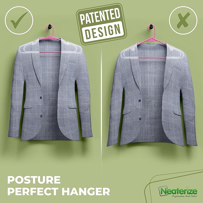 NEATERIZE Clothes Hangers Plastic 100 Pack for Adults - Plastic Hangers, The Perfect Coat Hanger and Space Saving Clothes Hangers for Closet, Percheros Ganchos para Colgar Ropa Hangars - Pink Hangers