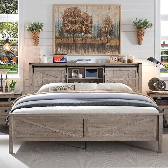 T4TREAM Farmhouse King Size Bed Frame w/Storage Bookcase Headboard, Sliding Barn Door, Charging Station, Rustic Wood Platform Bed w/Wood Slats Support, No Box Spring Needed, Light Rustic Oak