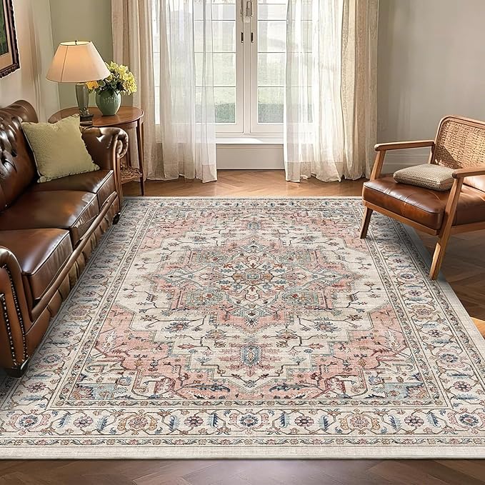 5x7 Area Rugs for Living Room Ultra-Soft Washable Rug Vintage Distressed Boho Area Rug, Non-Slip Retro Print Low Pile Stain Resistant Carpet for Bedroom Dining Room Kitchen Office