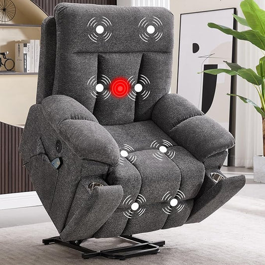 CANMOV Large Power Lift Recliner Chair with Massage and Heat for Elderly Big and Tall People, Overstuffed Wide Recliners with 2 Cup Holders, Side Pocket and USB Port, Dark Grey