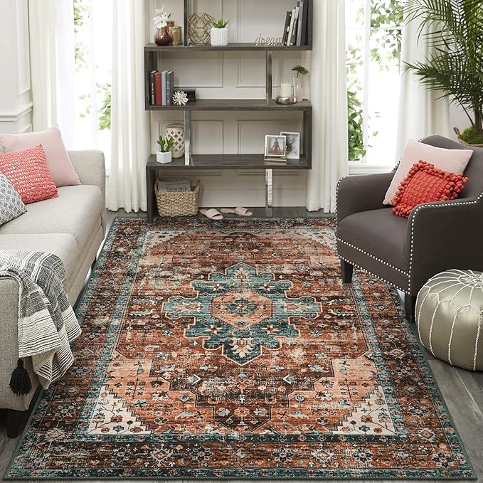 Moynesa Ultra-Thin Vintage Area Rug - 6x9 Washable Bedroom Rug Large Living Room Rug Non-Slip Dining Room Mat, Oriental Printed Low Pile Nursery Carpet for Office Kitchen Entryway, Brick Red/Dull Teal