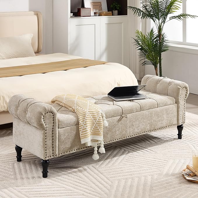 Storage Bed Bench for Bedroom, Chenille 67" End of Bed King Size Benches with Armrest, Tufted Button Upholstered Ottoman Bench for Living Room, Entryway, Khaki