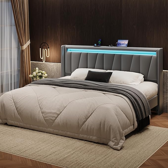 SHA CERLIN King Size Bed Frame with Charging Station and LED Lights, Modern Velvet Platform Bed with Upholstered Geometric Wingback Headboard, No Box Spring Needed, Easy Assembly, Grey