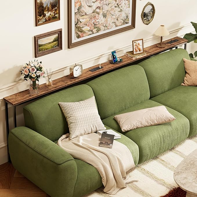 SUPERJARE 110.2 Inch Sofa Table with Power Outlets and USB-C Ports, 5.9 Inch Narrow Console Tables, Entryway Hallway Couch Tables with Storage, Behind Sofa, Small Spaces, Living Room, Rusitc Brown