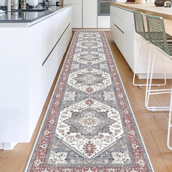 OPPODREAM Thin Entryway Rug 2x12, 2x12 Rug Runner, Washable Hallways Carpet 2 x 12 with Non Slip Backing, Low-Pile Bedside Carpet 2 x 12, Long, Faux Cashmere, Red & Grey