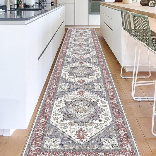 OPPODREAM Thin Entryway Rug 2x12, 2x12 Rug Runner, Washable Hallways Carpet 2 x 12 with Non Slip Backing, Low-Pile Bedside Carpet 2 x 12, Long, Faux Cashmere, Red & Grey