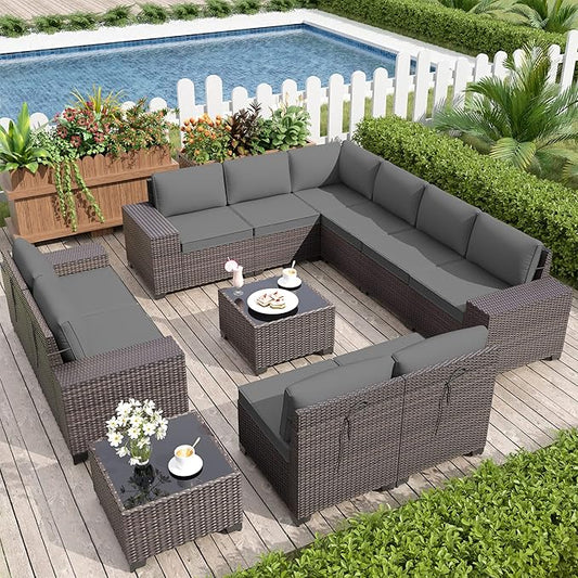 Kurapika 12 Pieces Patio Furniture Set, Rattan Wicker Outdoor Conversation Sets w/4 Inch Cushion and Glass Coffee Table(Grey)