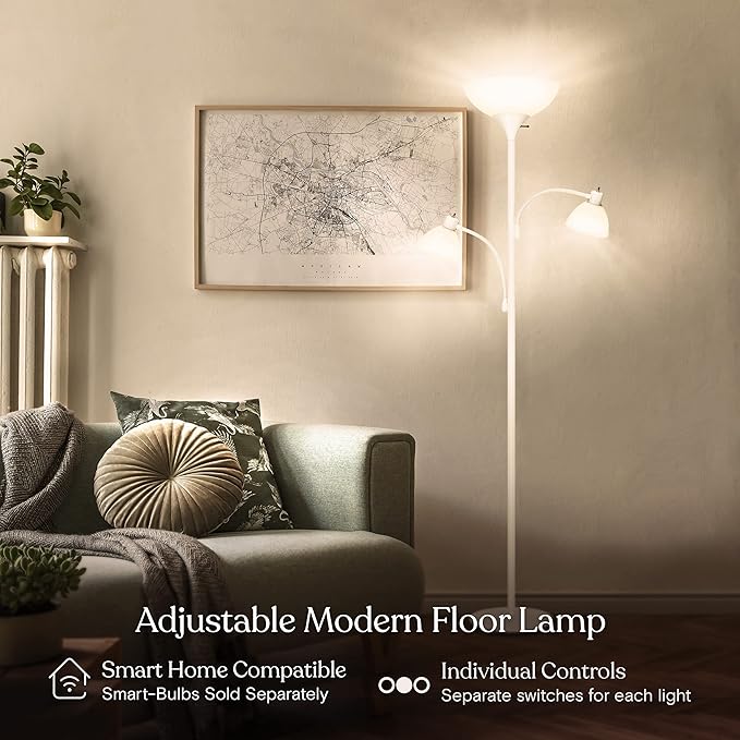 Brightech Sky Dome Double – High Brightness Torchiere Floor Lamp with 2 Reading Lights for Living Rooms, Bedrooms – Replace Halogen Standing Lamps with Efficient LED Office Lighting - Tall White Pole