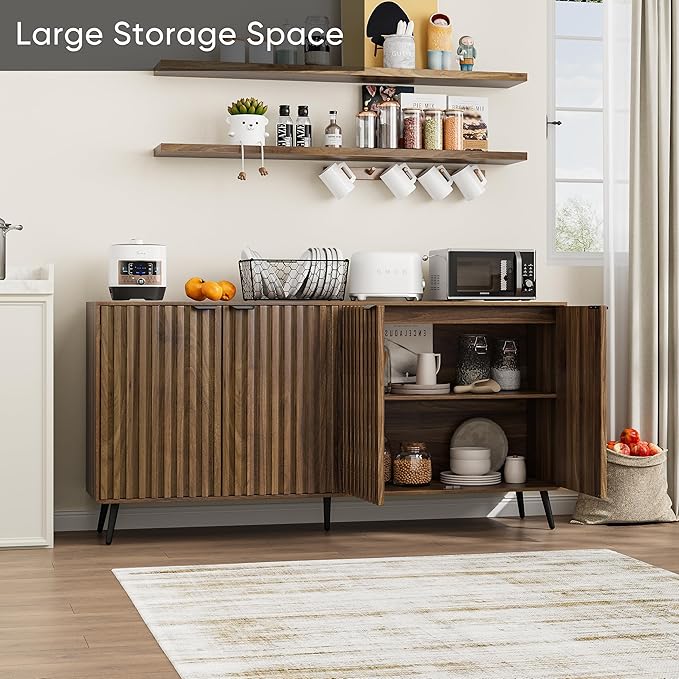 Smuxee 63" Fluted Sideboard Cabinet, Freestanding Walnut Buffet Cabinet with Adjustable Shelf, Wood Storage Cabinet for Living Room, Entryway, Hallway