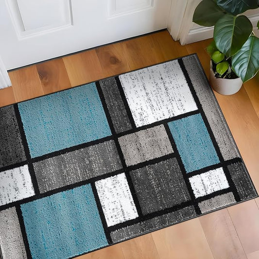 Rugshop Contemporary Modern Boxes for Home Office,Living Room,Bedroom,Kitchen Non Shedding Area Rug 2' x 3' Blue/Gray