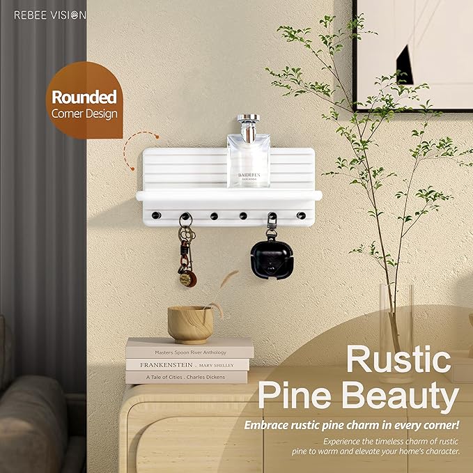 Rebee Vision Decorative Key Holder Wall Mount for Home Organization – 11-inch Pine Wooden Key Holder for Wall with 6 Hooks & Floating Shelf - Modern Farmhouse Home Decor (White)