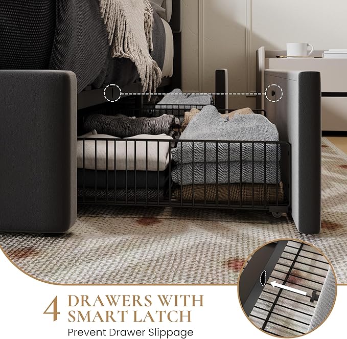 SHA CERLIN Full Size Platform Bed Frame with 4 Storage Drawers, Vertical Channel Tufted Adjustable Headboard, Velvet Upholstered, Wooden Slats Support, No Box Spring Needed, Easy Assembly, Grey