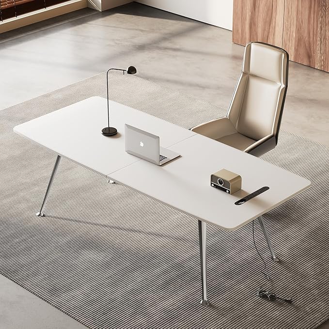 Writing Computer Desk, 60-Inch Large Executive Desk Office Workstation with Chrome-Plated Legs and Built-in Power Outlet, Writing Table Business Furniture, Modern Minimalist Style for Home Office