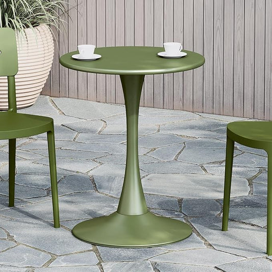 Costaelm Small Dining Table, Round PP Outdoor Table, Weather Resistant Balcony Table for Outside Poolside Deck Lawn Garden Backyard, Olive Green