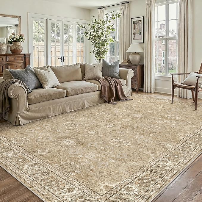6x9 Brown Area Rug Non Slip Vintage Living Room Distressed Machine Washable Carpet Retro Indoor Bedroom Traditional Floral Accent Throw Rug for Office Kitchen Dorm Dining Room
