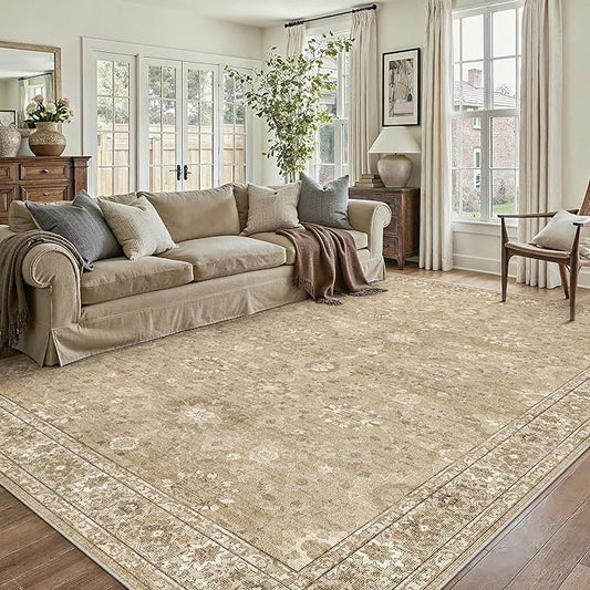 6x9 Brown Area Rug Non Slip Vintage Living Room Distressed Machine Washable Carpet Retro Indoor Bedroom Traditional Floral Accent Throw Rug for Office Kitchen Dorm Dining Room