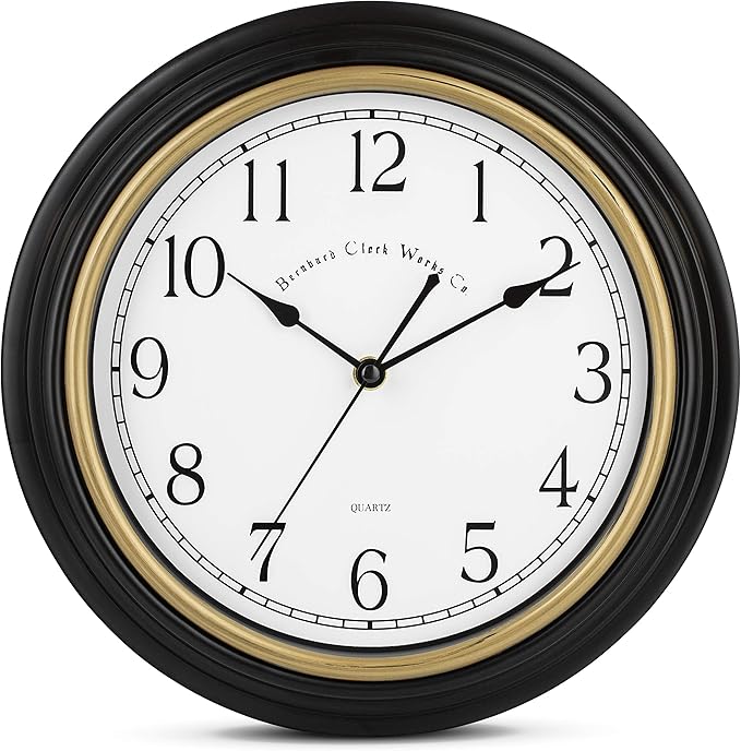 Bernhard Products Decorative Black Wall Clock 12 Inch Silent Non Ticking Battery Operated Vintage Elegant Retro Clocks for Living Room Decor, Kitchen Office Dining Room Bedroom School Classroom