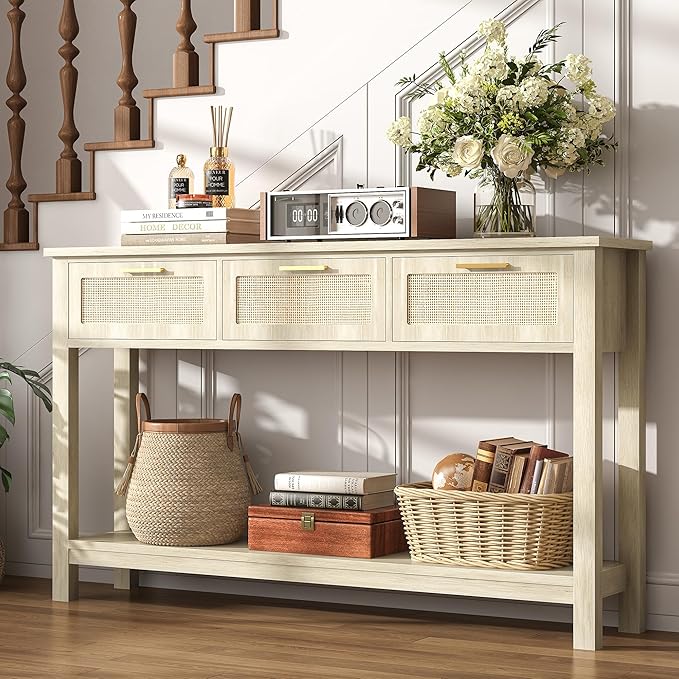 ELYKEN Rattan 51.2" Console Table with 3 Drawer, Entryway Table with Drawer & Shelf, Boho Sofa Table Behind Couch Foyer for Living Room, Hallway, Natural Wood