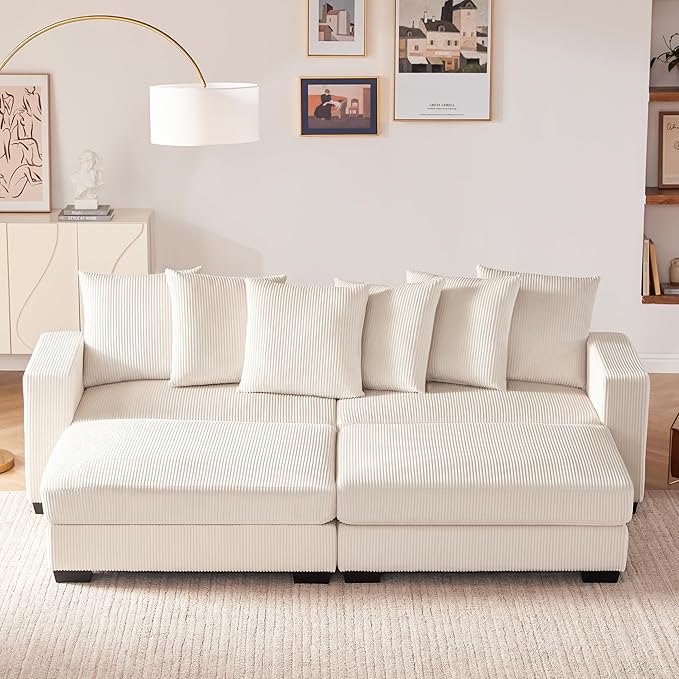 101.6" Deep Seat Corduroy Sectional Couches for Living Room, Comfy Upholstered Modular Sectional Sofa Bed, Cloud Couch with Thickened Cushions Widened Armrests,2 Seats + 2 Ottoman, Beige