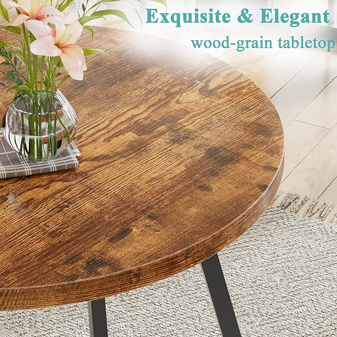 VECELO 35" Round Dining Table for 4, Wood-Grain Tabletop & Heavy-Duty Steel Frame, for Kitchen, Living Room, Easy Assembly, Antique Brown