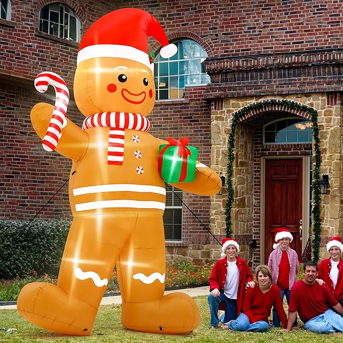 12FT Christmas Inflatables, Giant Blow Up Christmas Gingerbread Man Decorations, Lighted Up Xmas Gingerbread with Red Hat and Candy Cane, Pre-lit Christmas Archway Inflatable Decor for Yard Lawn
