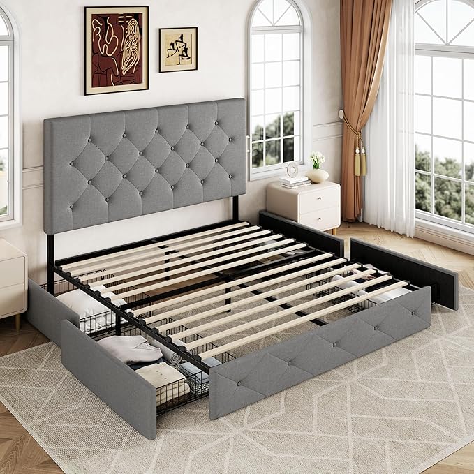 Allewie Upholstered Queen Size Platform Bed Frame with 4 Storage Drawers and Headboard, Diamond Stitched Button Tufted Mattress Foundation with Wooden Slats Support, Light Grey