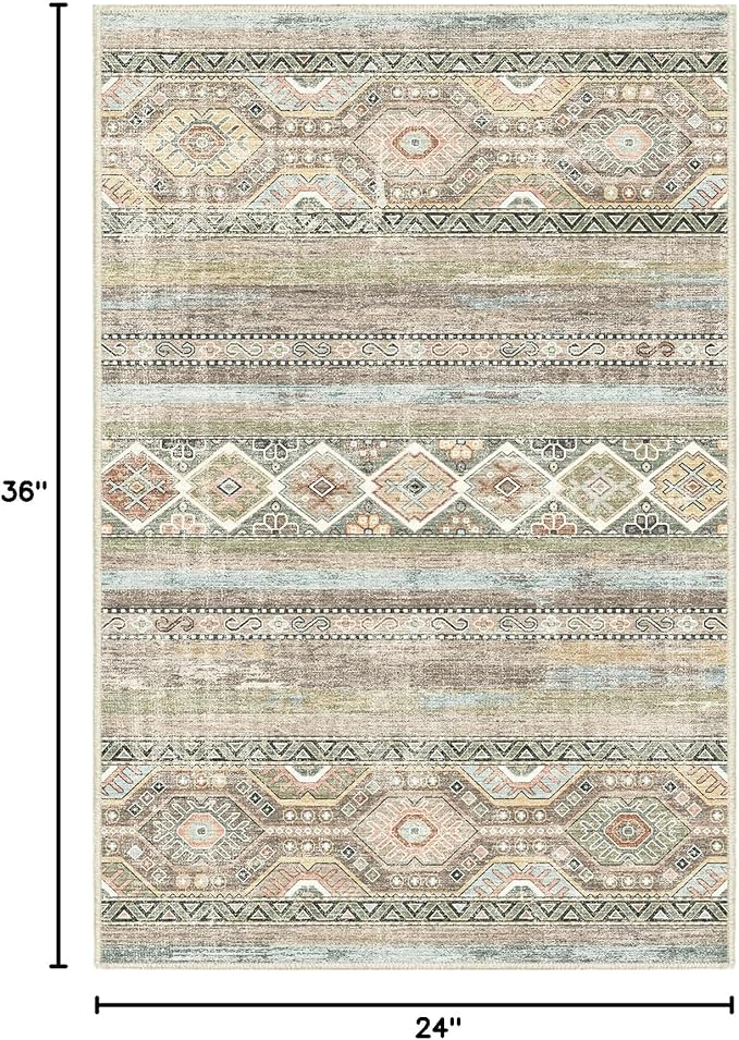 Area Rug 2x3 Distressed Small Entryway Rug Vintage Doormat Faux Wool Non-Slip Washable Low-Pile Floor Carpet for Indoor Front Entrance Kitchen Bathroom (Olive 2x3)