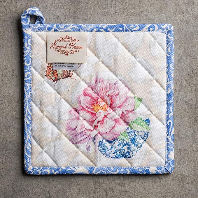 Maison d' Hermine Pot Holders 100% Cotton Heat Resistant Potholders 8" x 8" Hot Pads with Loop BBQ, Cooking, Baking, Grilling, Kitchen, Handling Hot Pans Spring/Summer (Pack of 1, Canton)