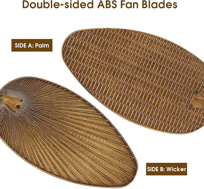 50 Inch Tropical Ceiling Fans with Lights and Remote/APP Control, Outdoor Waterproof Palm Leaf Ceiling Fan for Patios Porches, Wet Rated, Glass Lampshade, 6 Speeds, Quiet, Wood Grain