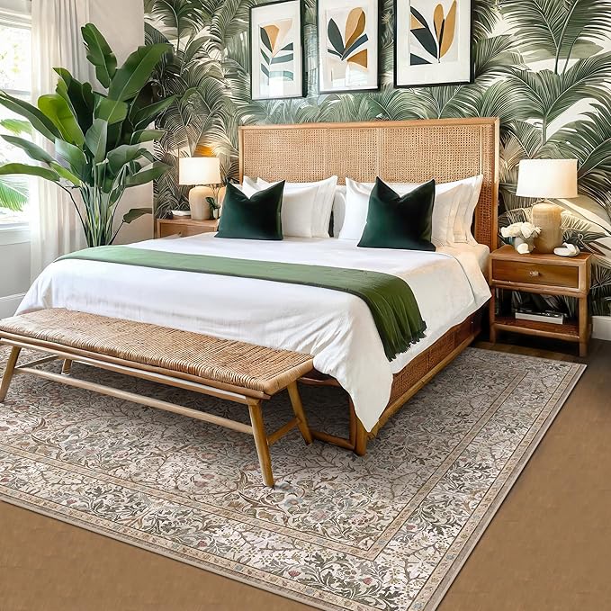 Dining Room Rugs for Under Table - 5x8 Washable Moss Green Oriental Area Rug for Living Room, Low Pile Non-Slip Floor Carpet for Bedroom - Vintage Brown Design & Stain Resistance