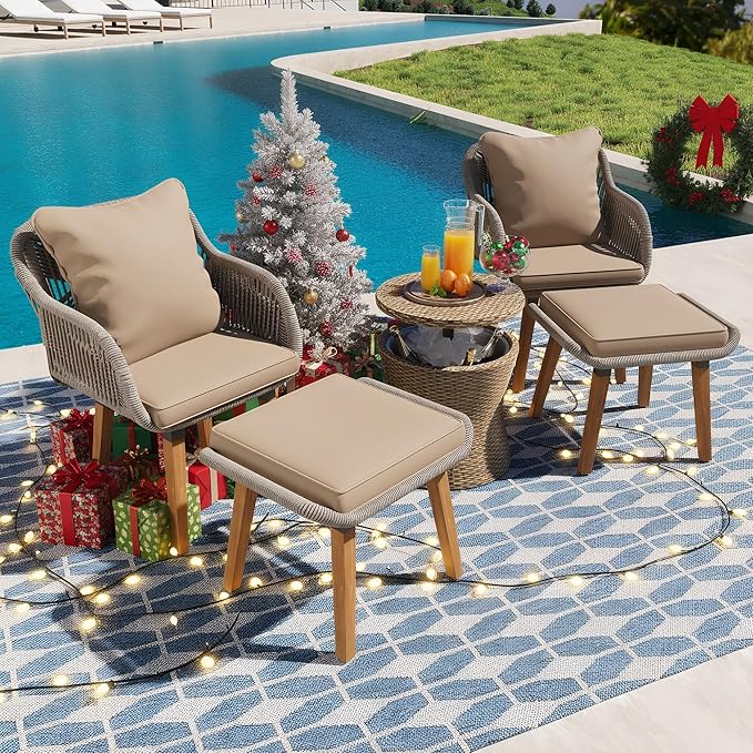 5-Piece Patio Conversation Sofa Set, Rope-Woven Furniture Set with Rattan Cool Coffee Table, Outdoor Furniture Setwith 2 Footstools for Garden, Backyard, Balcony, Brown