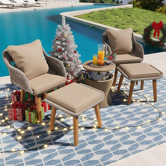 5-Piece Patio Conversation Sofa Set, Rope-Woven Furniture Set with Rattan Cool Coffee Table, Outdoor Furniture Setwith 2 Footstools for Garden, Backyard, Balcony, Brown
