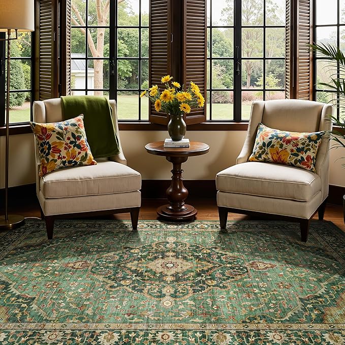 6x9 Vintage Rugs for Dining Room, Washable Rugs Non Slip Large Area Rug for Living Room Bedroom Office, Floor Decoration Big Rug Mat Low-Pile Kid & Pet Friendly(Border Green)