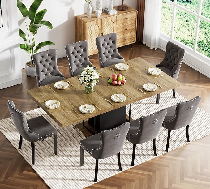 Goujxcy 78.7" Farmhouse Extendable Dining Room Table Set for 8, 9-Piece Rectangle Kitchen Dining Room Table Set with Wood Base and 8 Grey Velvet Dining Chairs, Extending Kitchen & Dining Table Set