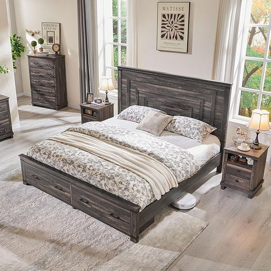 T4TREAM Farmhouse Queen Size Bed Frame with 54" Tall Geometric Headboard & 2 Large Storage Drawers, Rustic Wood Platform Bed with Wood Slats Support, No Box Spring Needed, Dark Rustic Oak