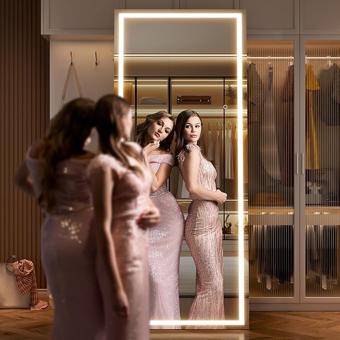 Full Length Mirror with Lights, 81" x 34" Large LED Lighted Floor Standing Body Mirror, Dimmable & 3 Color Lighting for Bedroom, Cloakroom, Dressing Room, Leaning & Hanging, Square Black