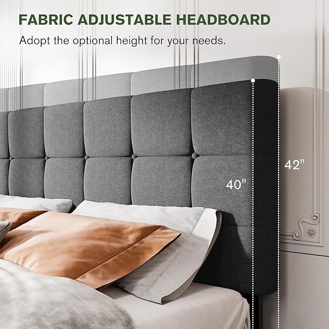 MUTICOR Queen Size Bed Frame with 4 Storage Drawers, Upholstered Platform Bed with Button Tufted Adjustable Headboard, No Box Spring Needed, Easy Assembly, Square Tufted, Dark Grey Fabric