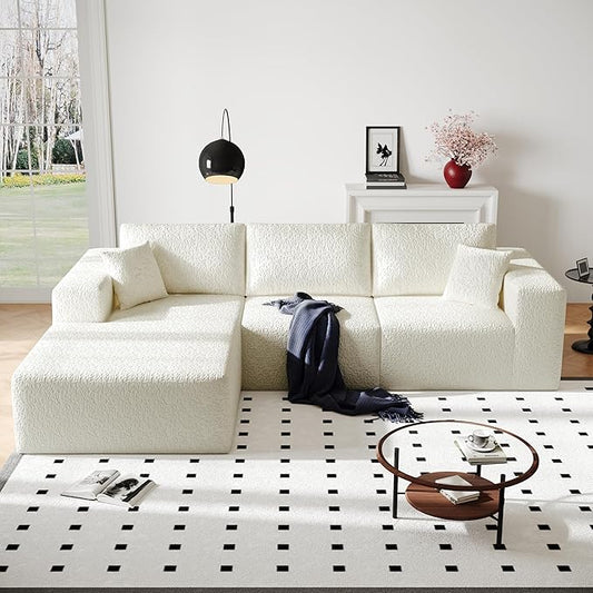 108" Cloud Modular Sectional Couch with L-Shape Chaise, Modern Sectional Sofa with Deep Seat Couch, Ultra Soft Knit Fabric Couches for Living Room, No Assembly Required, Left Facing Chaise (Beige)