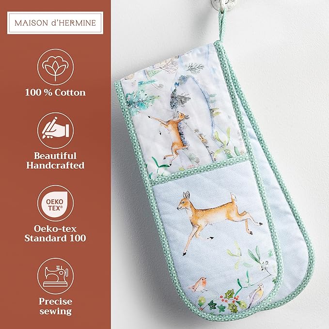 Maison d' Hermine Double Oven Mitt (7" x 35") 100% Cotton Heat Resistant BBQ Cooking Gloves with Loop for Thanksgiving Christmas Decorations Baking Cooking Barbeque Handling Hot Pan (Snowy World)