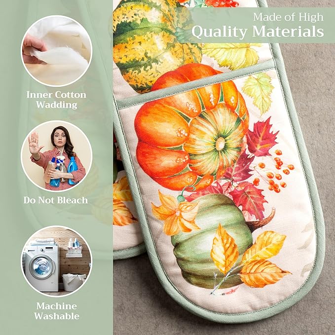 Maison d' Hermine Double Oven Mitt (7" x 35") 100% Cotton Heat Resistant BBQ Cooking Gloves with Loop for Thanksgiving Christmas Decorations Baking Cooking Barbeque Handling Hot Pan (Lumina)