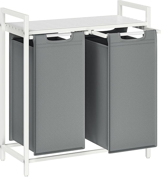 VASAGLE Laundry Hamper, Laundry Basket, Laundry Sorter with 2 Pull-Out and Removable Bags, Shelf, Metal Frame, 2 x 12.1 Gallons (46 L), 28.8 x 13 x 28.4 Inches, Slate Gray and Cloud White UBLH201W11